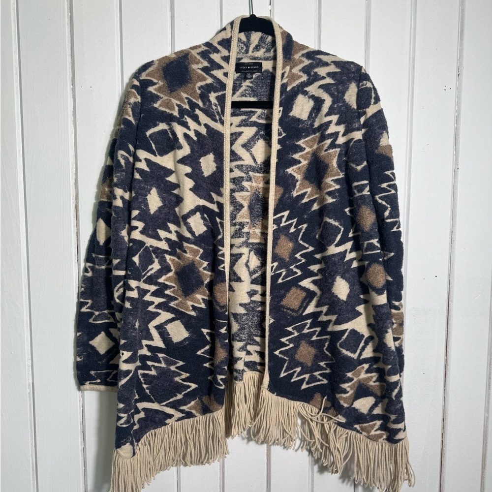 Lucky Brand Geometric Fringe Cardigan - Navy and Beige